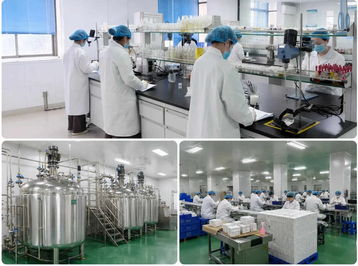 A montage showing a pharmaceutical facility with a laboratory team conducting research and testing, large industrial mixing tanks in a cleanroom, and workers in an assembly line packaging products.